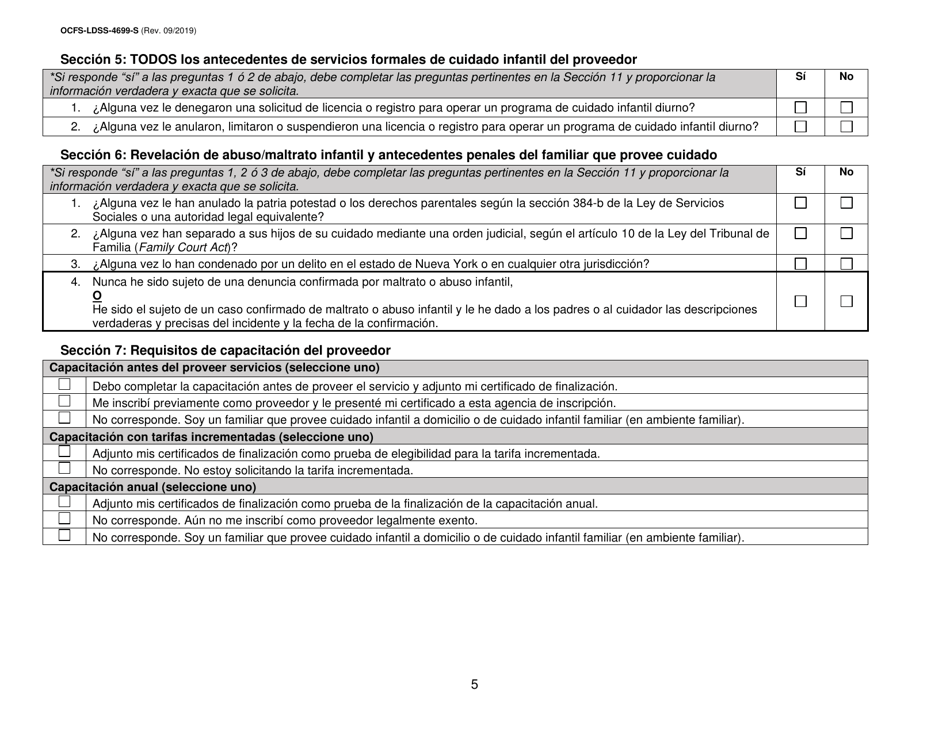 Formulario OCFS-LDSS-4699-S Formulario De Inscripcion Para El Proveedor De Cuidado Infantil a Domicilio Legalmente Exento Y De Cuidado Infantil Familiar Legalmente Exento - New York (Spanish), Page 5
