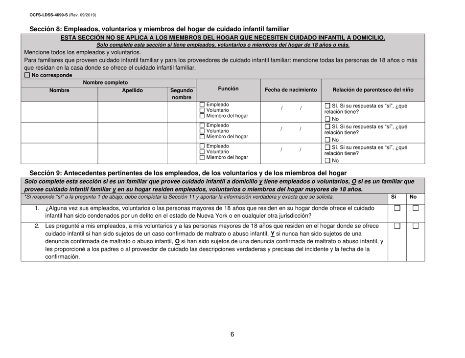 Formulario OCFS-LDSS-4699-S Formulario De Inscripcion Para El Proveedor De Cuidado Infantil a Domicilio Legalmente Exento Y De Cuidado Infantil Familiar Legalmente Exento - New York (Spanish), Page 6