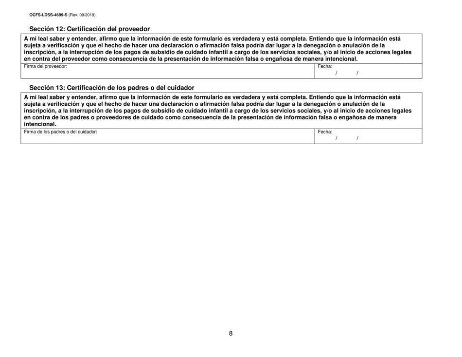 Formulario OCFS-LDSS-4699-S Formulario De Inscripcion Para El Proveedor De Cuidado Infantil a Domicilio Legalmente Exento Y De Cuidado Infantil Familiar Legalmente Exento - New York (Spanish), Page 8