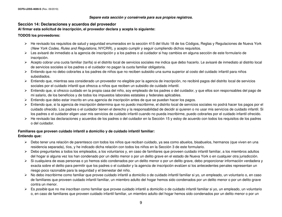 Formulario OCFS-LDSS-4699-S Formulario De Inscripcion Para El Proveedor De Cuidado Infantil a Domicilio Legalmente Exento Y De Cuidado Infantil Familiar Legalmente Exento - New York (Spanish), Page 9