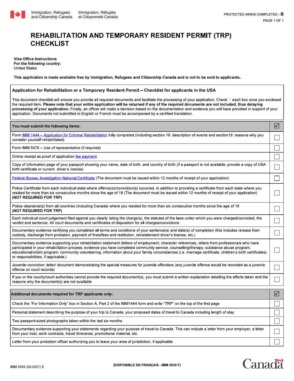 Form IMM5939 Rehabilitation and Temporary Resident Permit (Trp) Checklist - Canada, Page 1