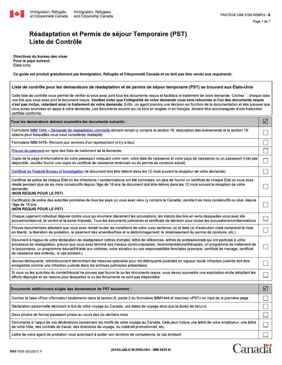 Forme IMM5939 Readaptation Et Permis De Sejour Temporaire (Pst) Liste De Controle - Canada (French), Page 1