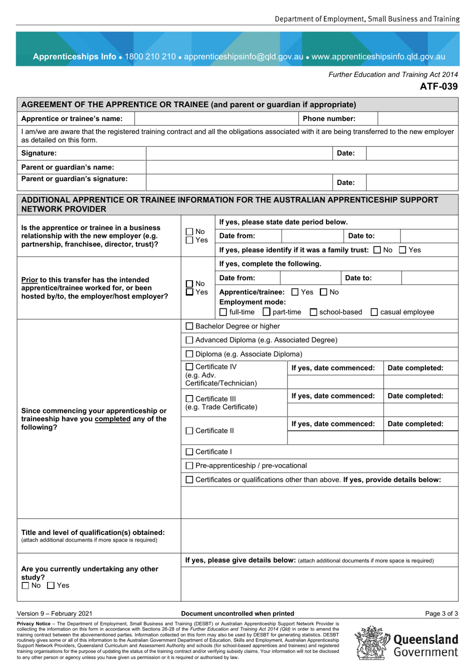 Form ATF-039 Permanent Transfer Application by All Parties and Proposed New Employer - Queensland, Australia, Page 3