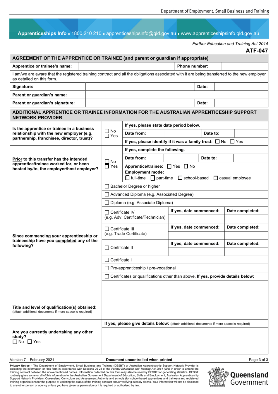 Form ATF-047 Permanent Transfer Application by Apprentice / Trainee and Proposed New Employer - Queensland, Australia, Page 3