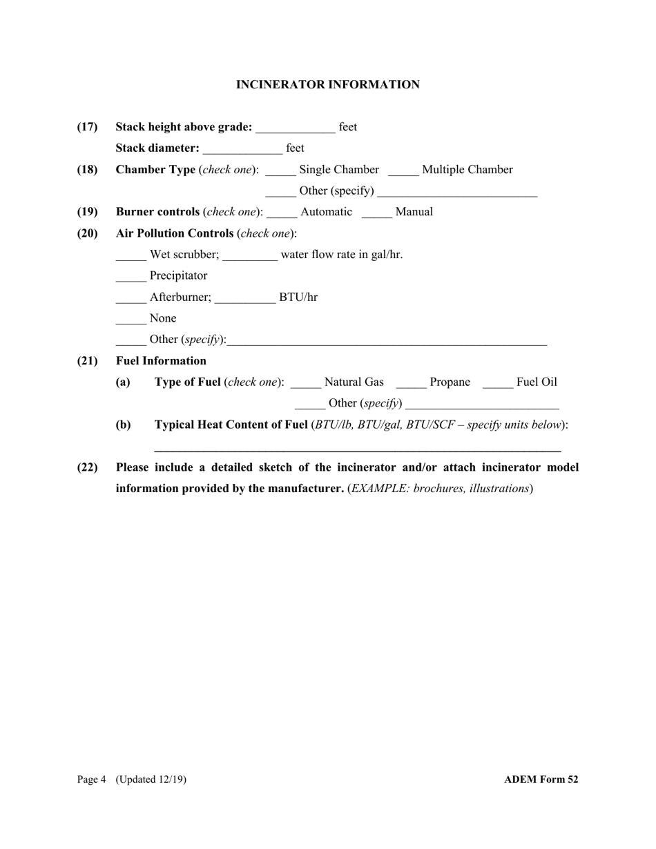 ADEM Form 052 Registration Form for the Construction, Installation, or Modification of an Incinerator - Alabama, Page 4