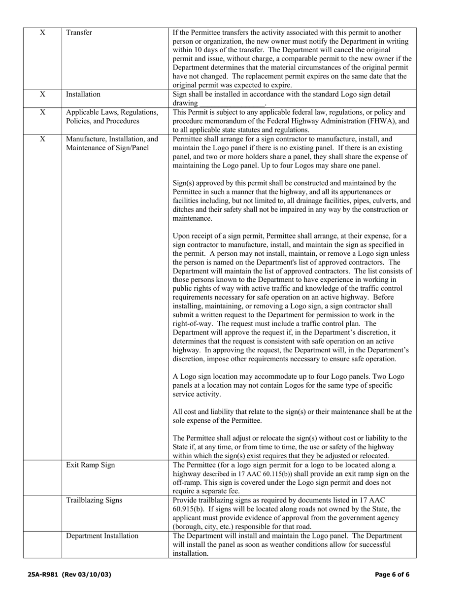 Form 25A-R981 Logo Sign Permit - Alaska, Page 6