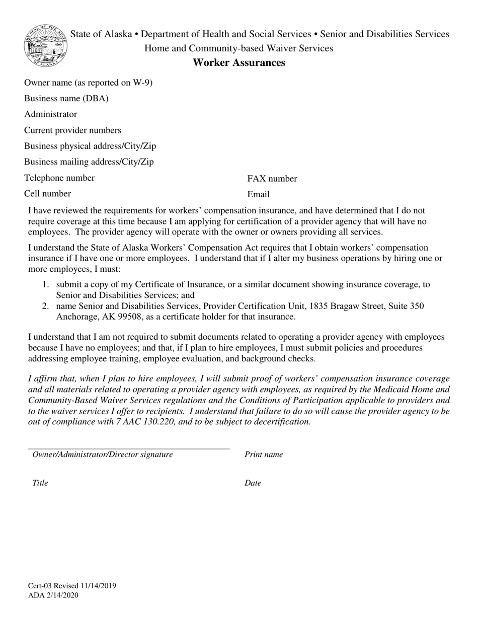Form CERT-03 Worker Assurances - Alaska, Page 1