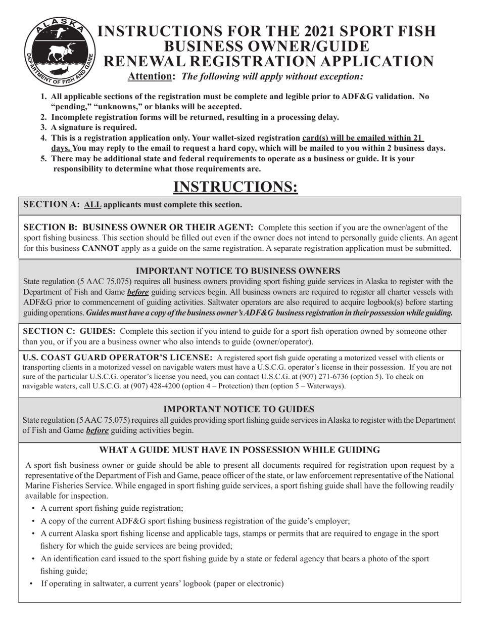 Sport Fish Business Owner / Guide Renewal Registration Application - Alaska, Page 2