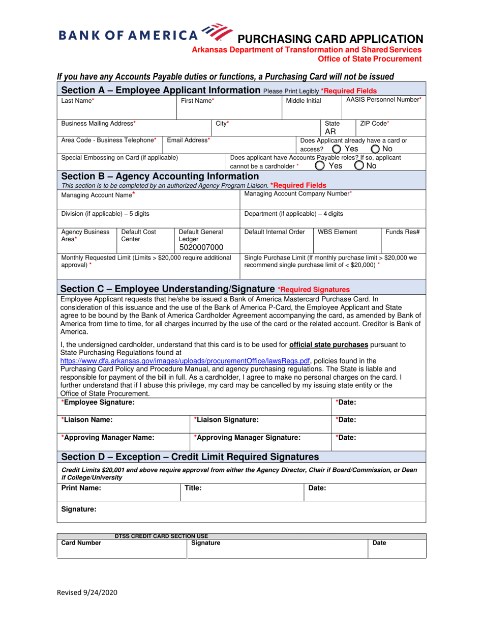 Purchasing Card Application / Agreement - Bank of America - Arkansas, Page 1