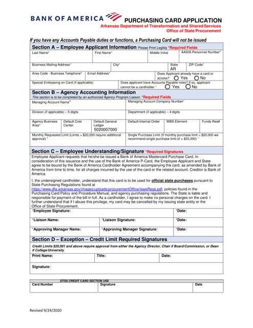 Purchasing Card Application / Agreement - Bank of America - Arkansas Download Pdf