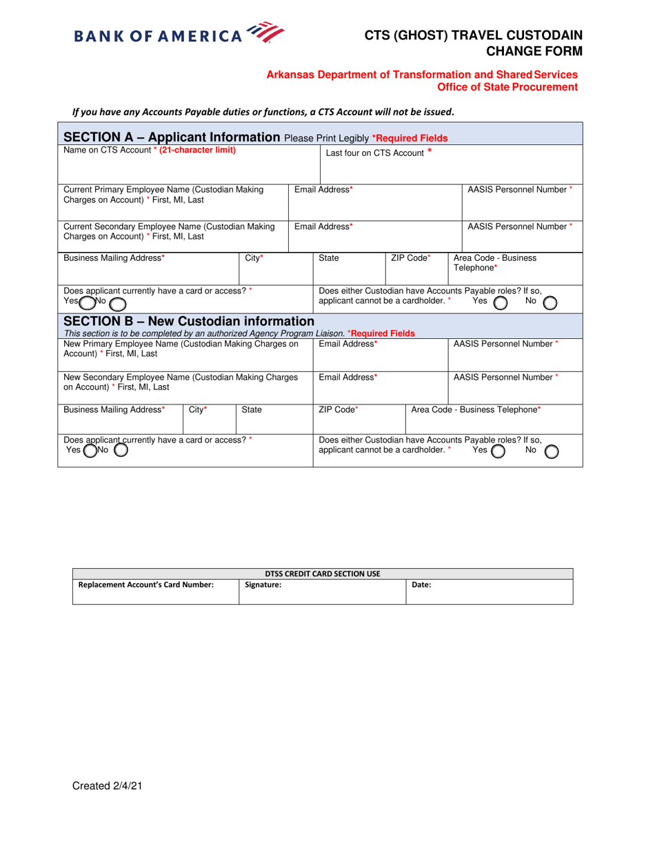 Cts (Ghost) Travel Custodian Change Form - Bank of America - Arkansas, Page 1