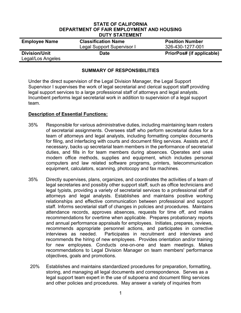 Duty Statement - Legal Support Supervisor I - California, Page 1