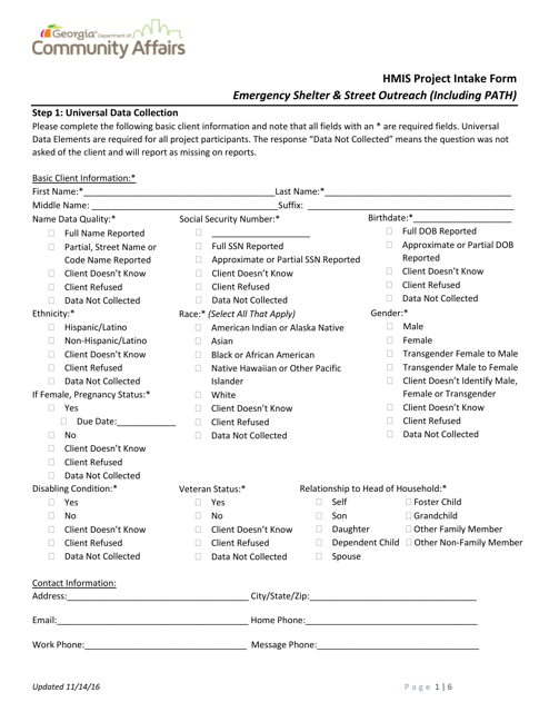 Hmis Project Intake Form - Emergency Shelter & Street Outreach (Including Path) - Georgia (United States) Download Pdf
