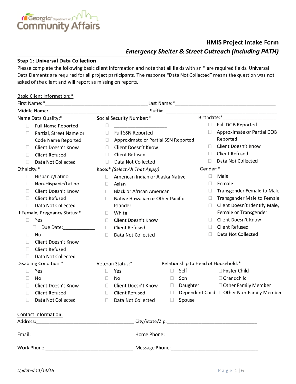 Georgia United States Hmis Project Intake Form Emergency Shelter And Street Outreach 3296