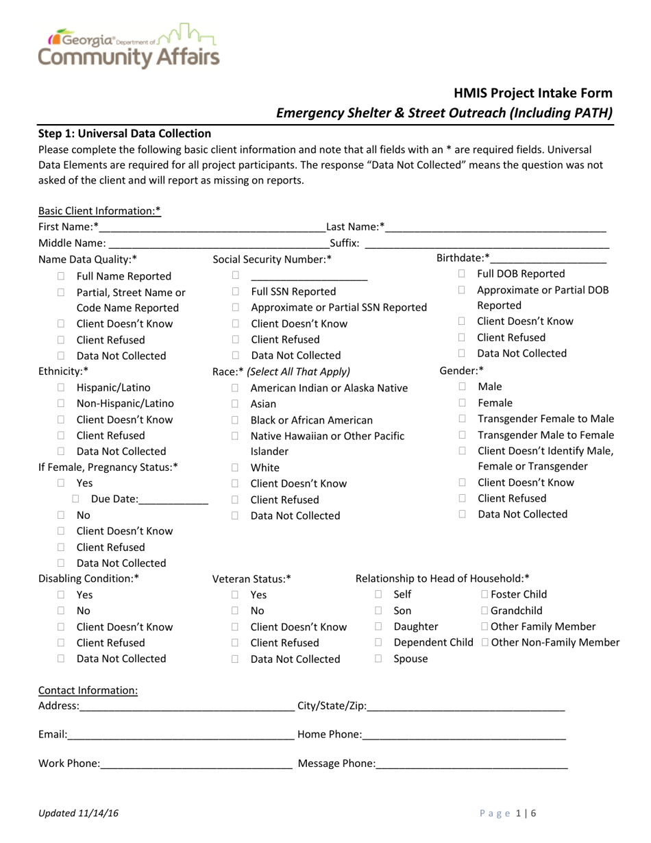 Hmis Project Intake Form - Emergency Shelter  Street Outreach (Including Path) - Georgia (United States), Page 1