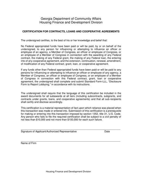 Certification for Contracts, Loans and Cooperative Agreements - Georgia (United States) Download Pdf