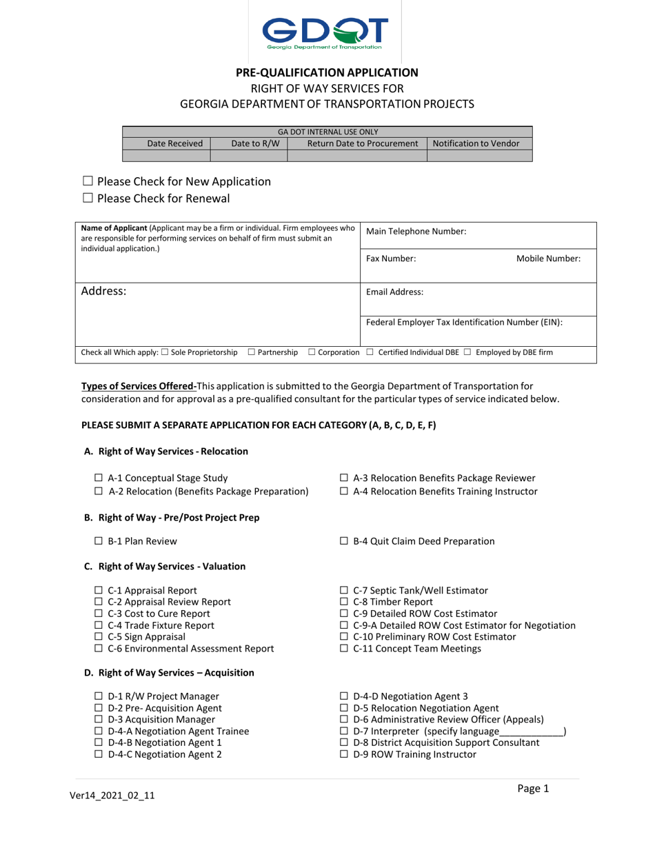 Pre-qualification Application - Right of Way Services for Georgia Department of Transportation Projects - Georgia (United States), Page 1