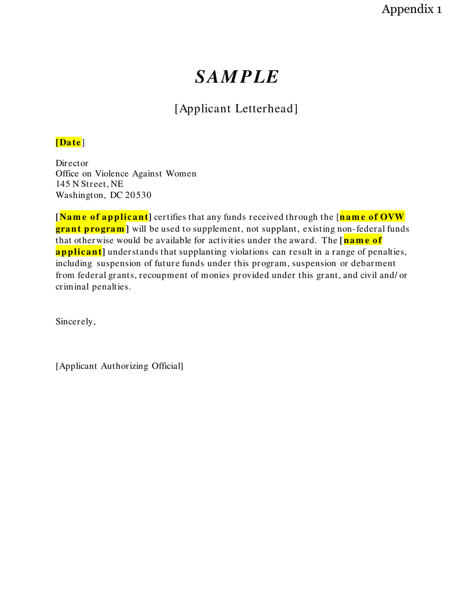 Appendix 1 Sample Letter of Nonsupplanting, Page 1