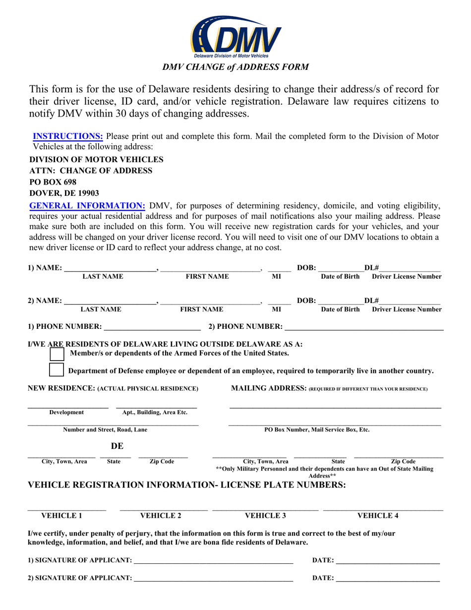 Delaware DMV Change of Address Form - Fill Out, Sign Online and