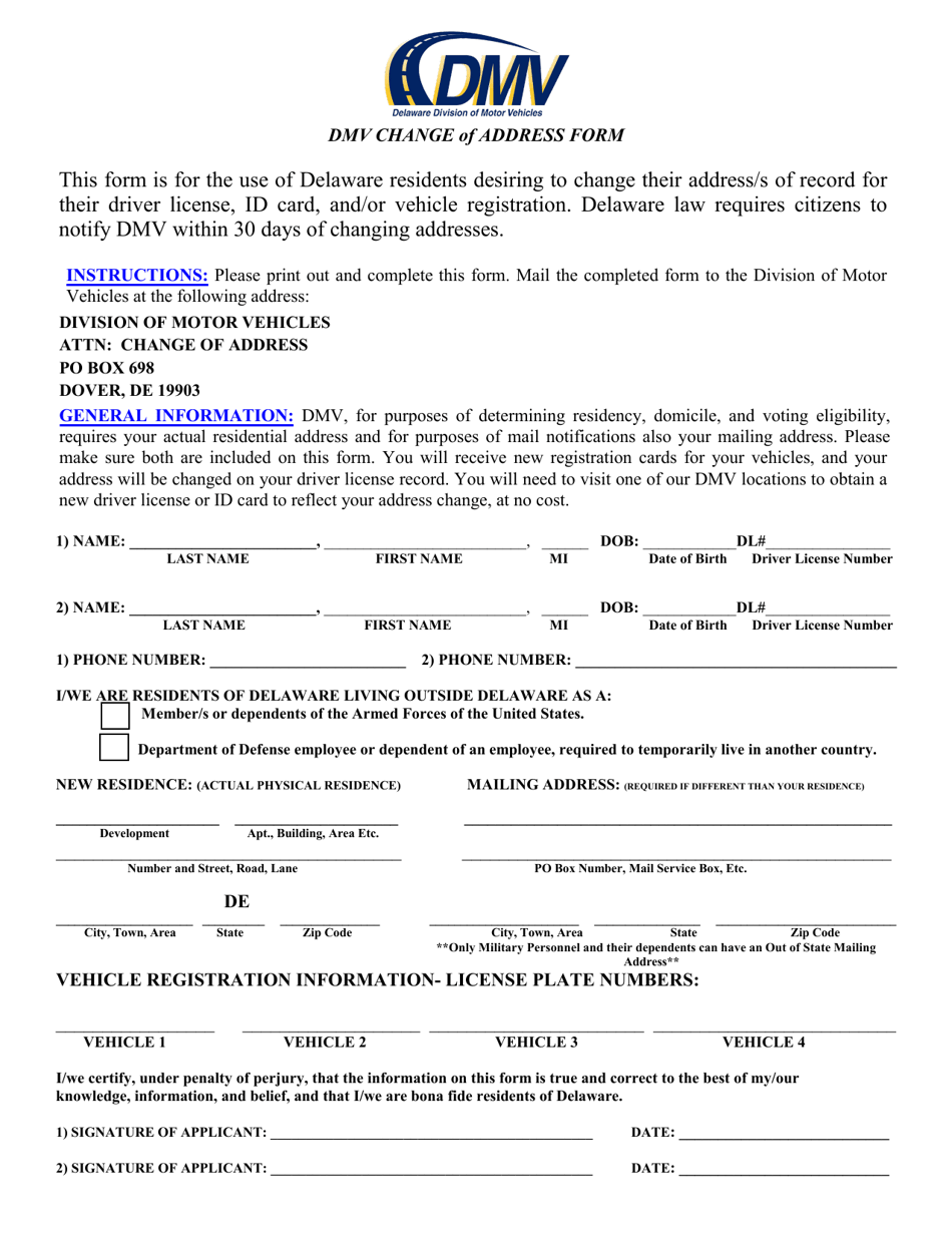DMV Change of Address Form - Delaware, Page 1