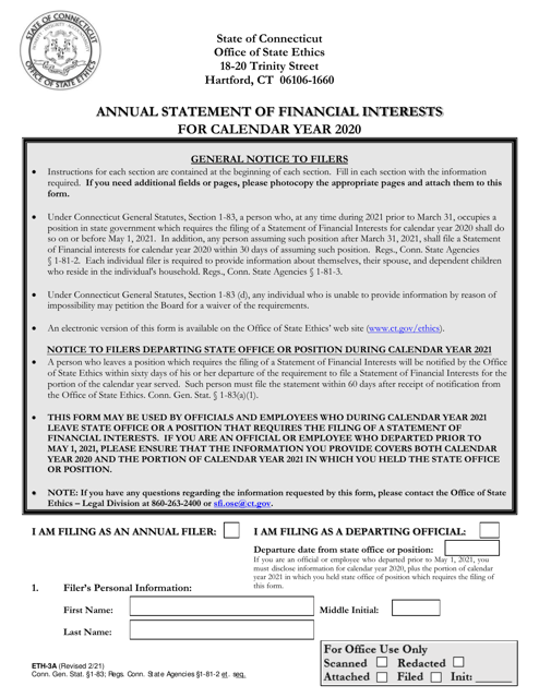 Form ETH-3A Annual Statement of Financial Interests - Connecticut, 2020
