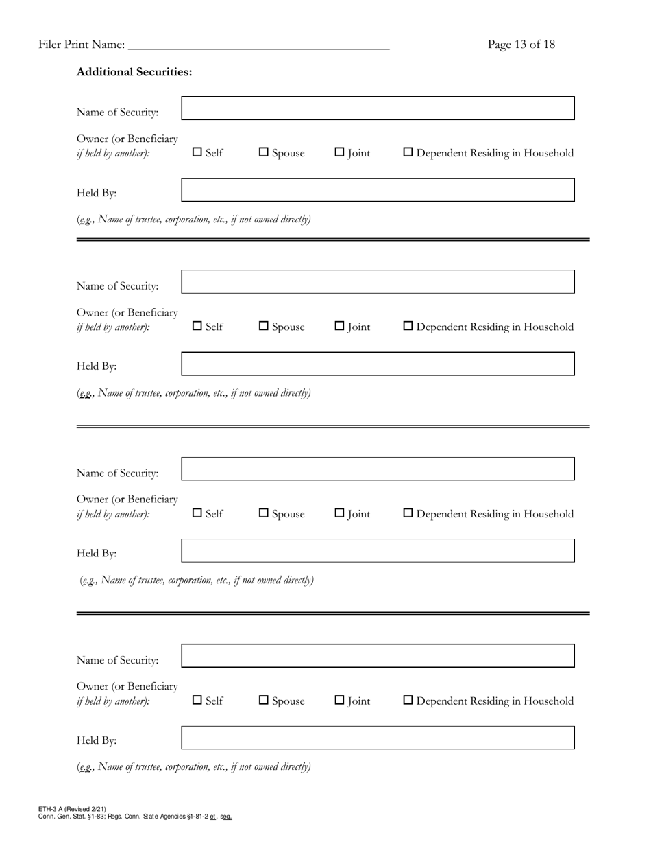 Form ETH-3A Annual Statement of Financial Interests - Connecticut, Page 13