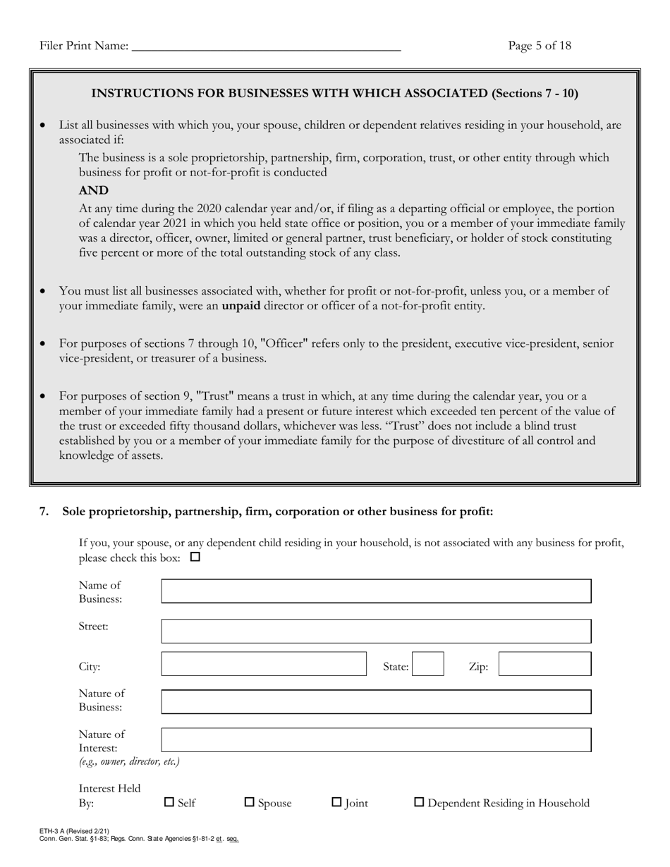 Form ETH-3A Annual Statement of Financial Interests - Connecticut, Page 5