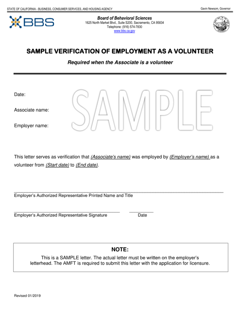 Sample Verification of Employment as a Volunteer - Amft - California Download Pdf