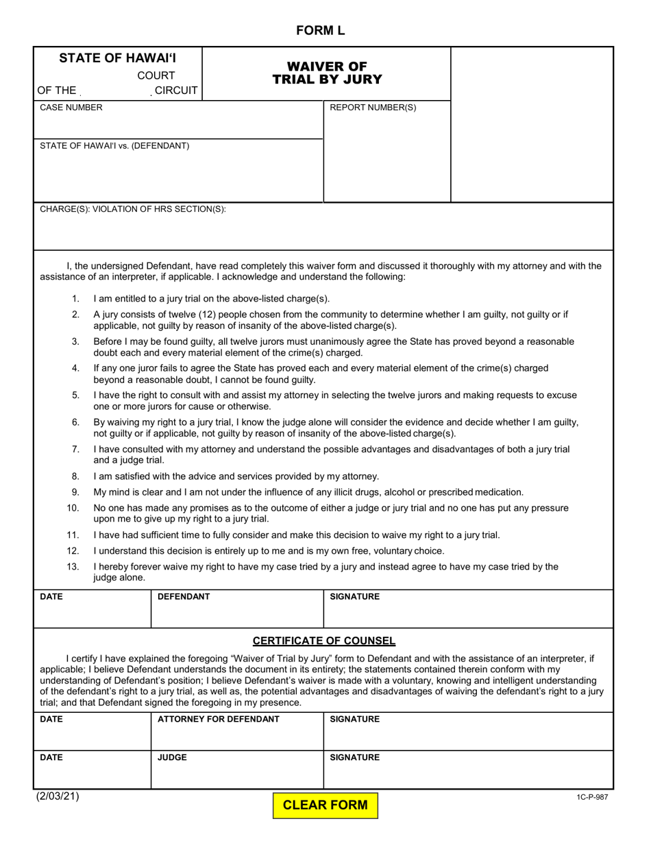 Form L (1C-P-987) Waiver of Trial by Jury - Hawaii, Page 1