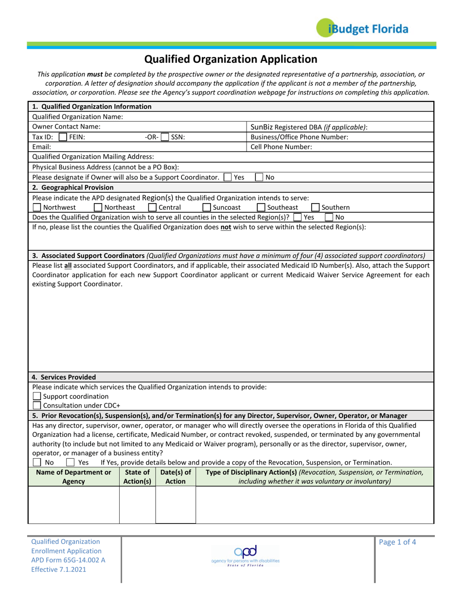 APD Form 65G-14.002 A Qualified Organization Application - Florida, Page 1