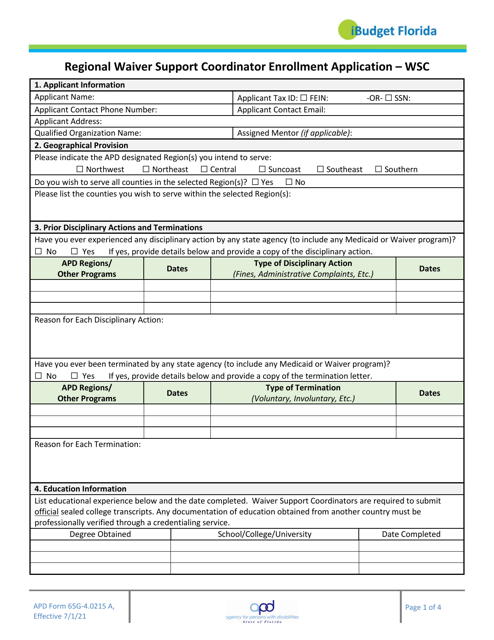 APD Form 65G-4.0215 A Regional Waiver Support Coordinator Enrollment Application - Wsc - Florida