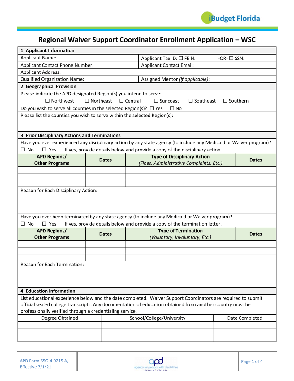 APD Form 65G-4.0215 A Regional Waiver Support Coordinator Enrollment Application - Wsc - Florida, Page 1