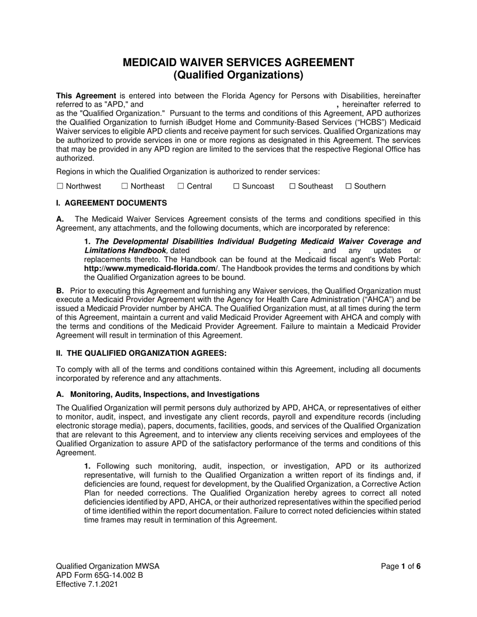 APD Form 65G-14.002 B Medicaid Waiver Services Agreement (Qualified Organizations) - Florida, Page 1