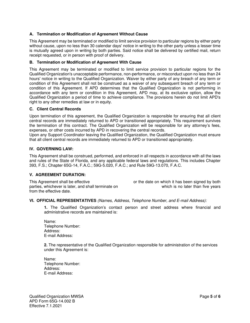 APD Form 65G-14.002 B Medicaid Waiver Services Agreement (Qualified Organizations) - Florida, Page 5