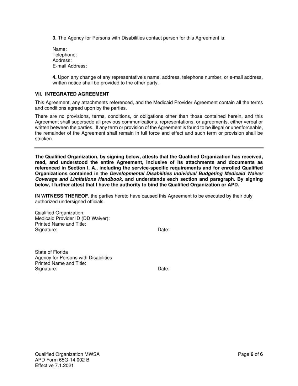 APD Form 65G-14.002 B Medicaid Waiver Services Agreement (Qualified Organizations) - Florida, Page 6