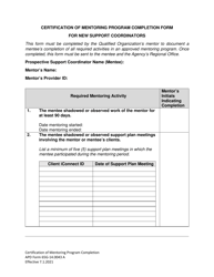 APD Form 65G-14.0043 A Certification of Mentoring Program Completion Form for New Support Coordinators - Florida