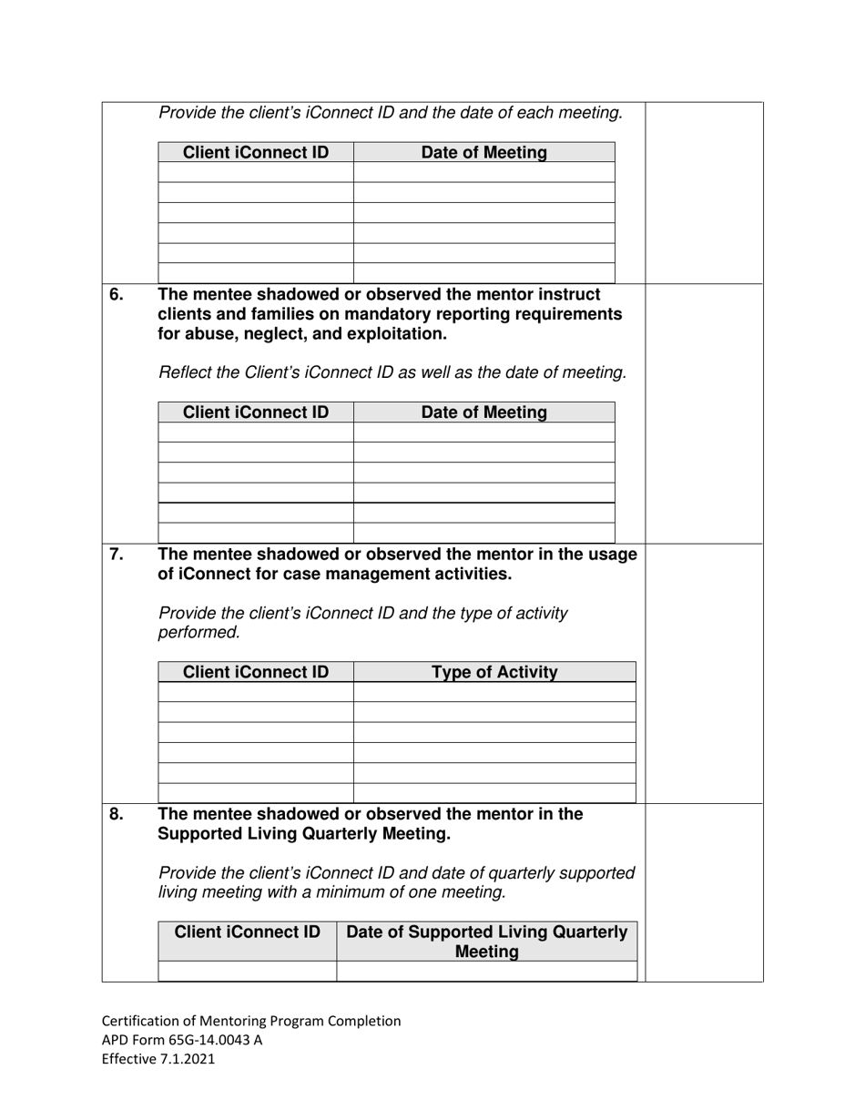 APD Form 65G-14.0043 A Certification of Mentoring Program Completion Form for New Support Coordinators - Florida, Page 3