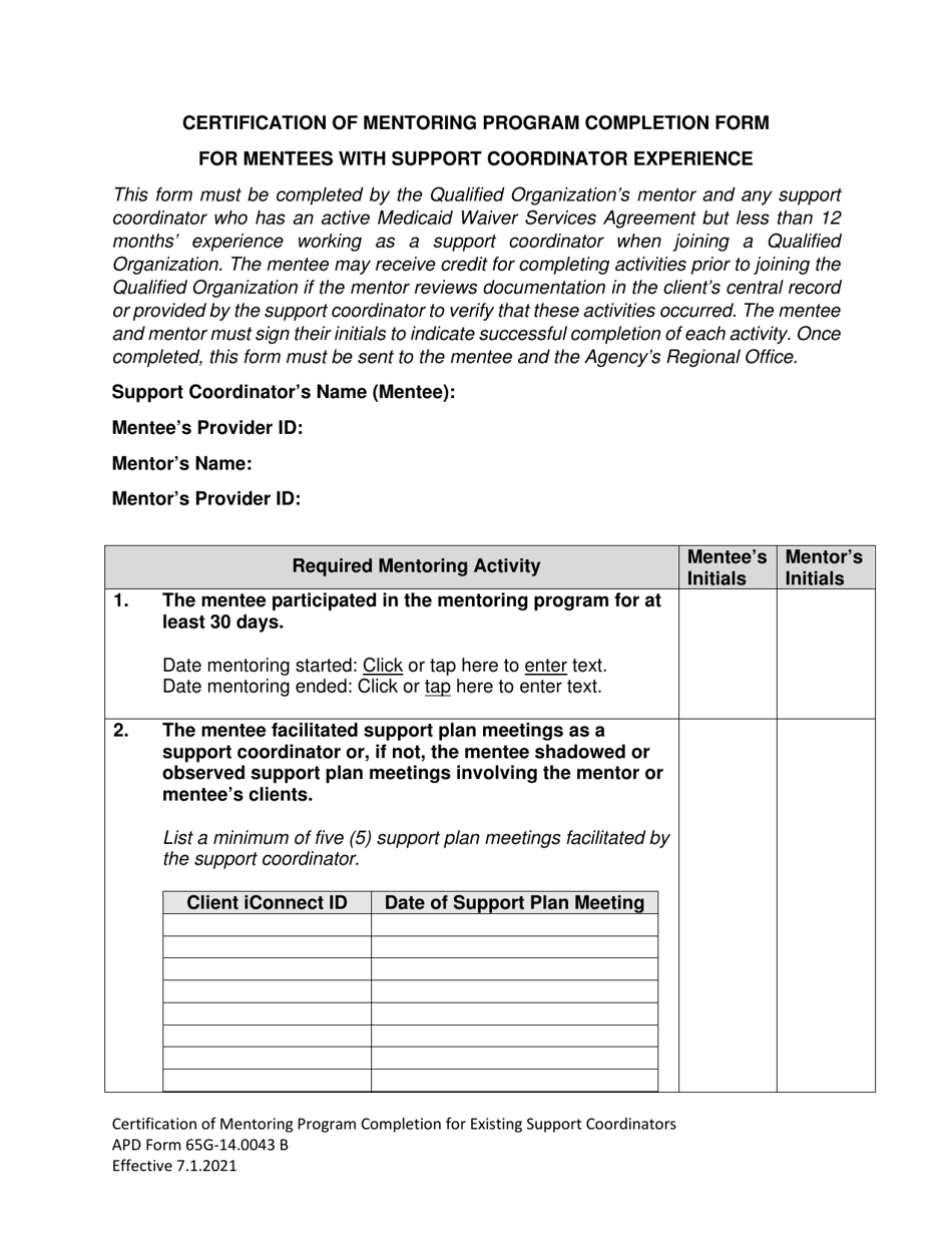 APD Form 65G-14.0043 B Certification of Mentoring Program Completion Form for Mentees With Support Coordinator Experience - Florida, Page 1