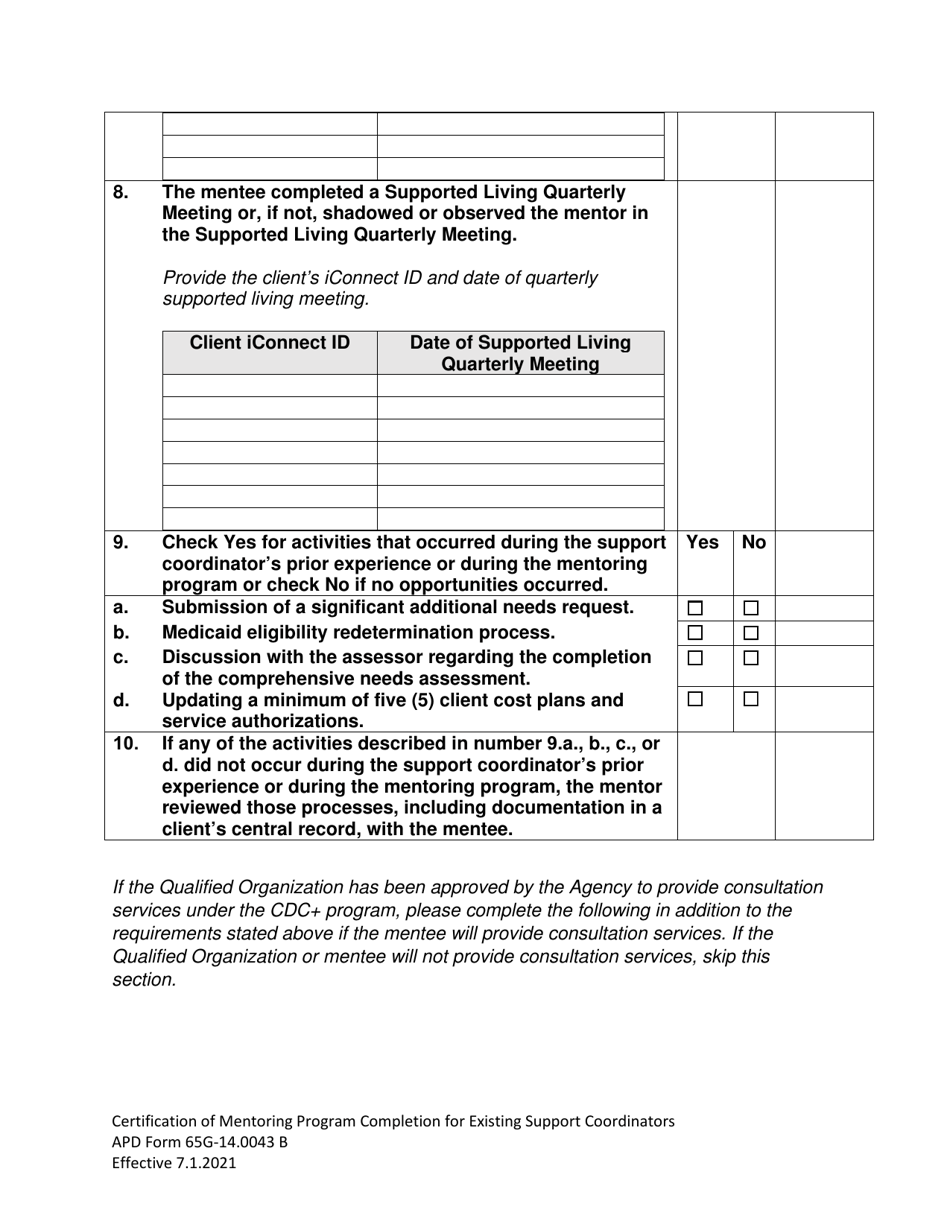 APD Form 65G-14.0043 B Certification of Mentoring Program Completion Form for Mentees With Support Coordinator Experience - Florida, Page 4