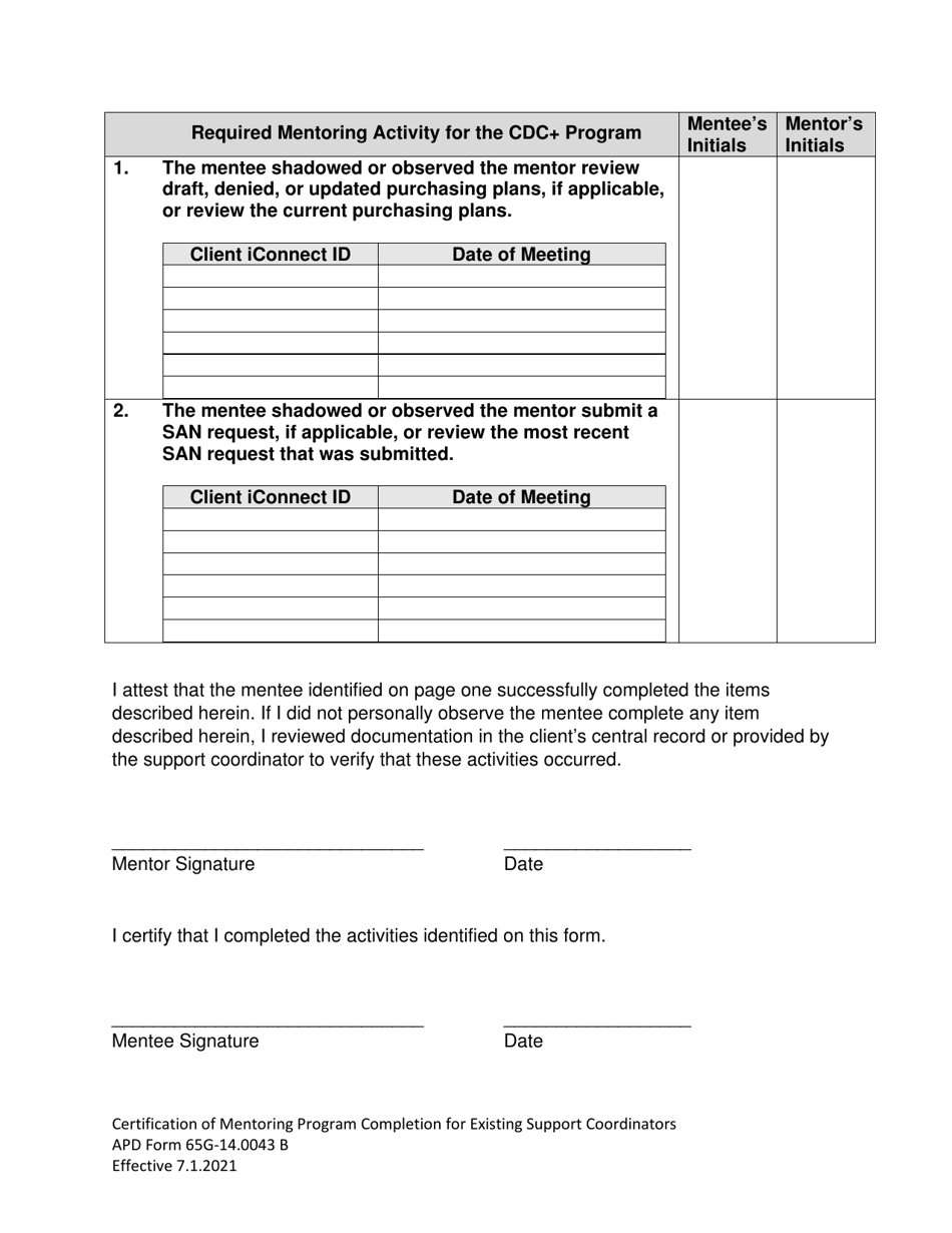 APD Form 65G-14.0043 B Certification of Mentoring Program Completion Form for Mentees With Support Coordinator Experience - Florida, Page 5