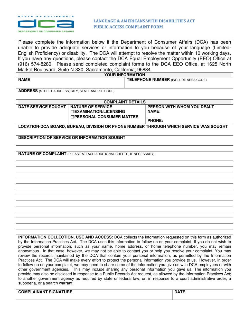 Language  Americans With Disabilities Act Public Access Complaint Form - California, Page 1