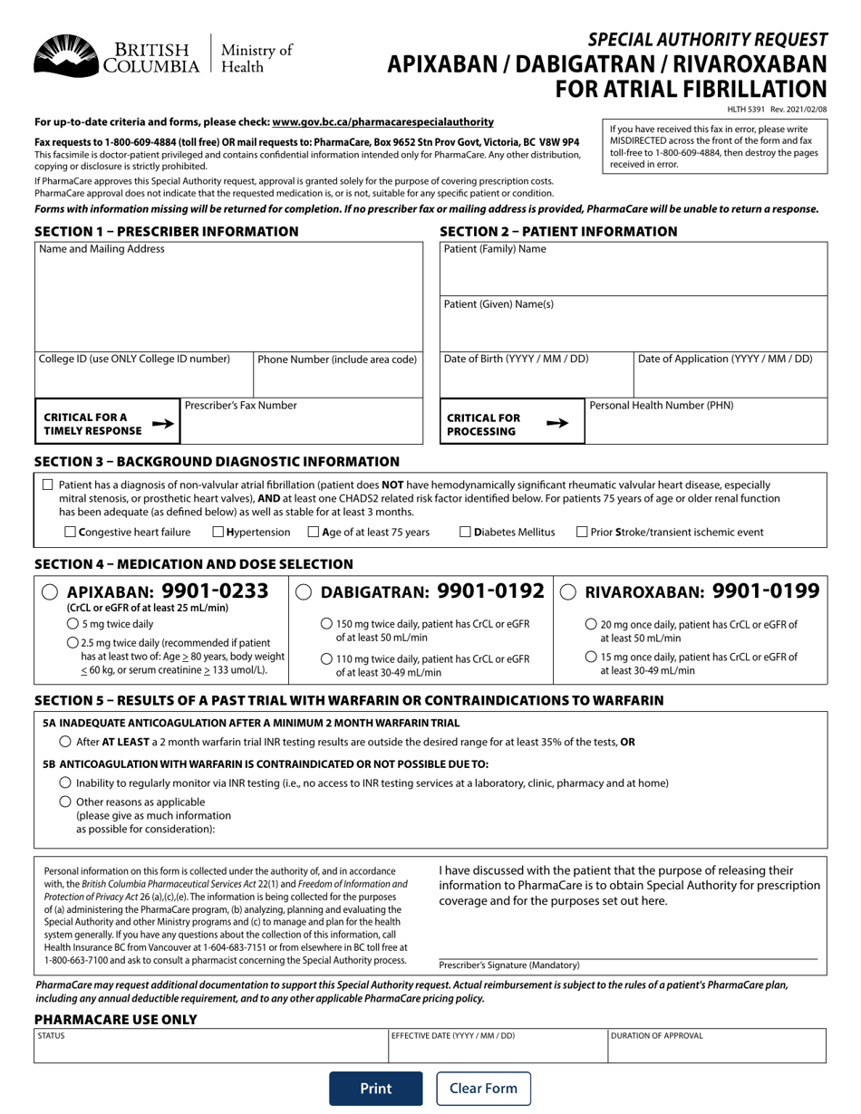 Form HLTH5391 Special Authority Request - Apixaban / Dabigatran / Rivaroxaban for Atrial Fibrillation - British Columbia, Canada, Page 1