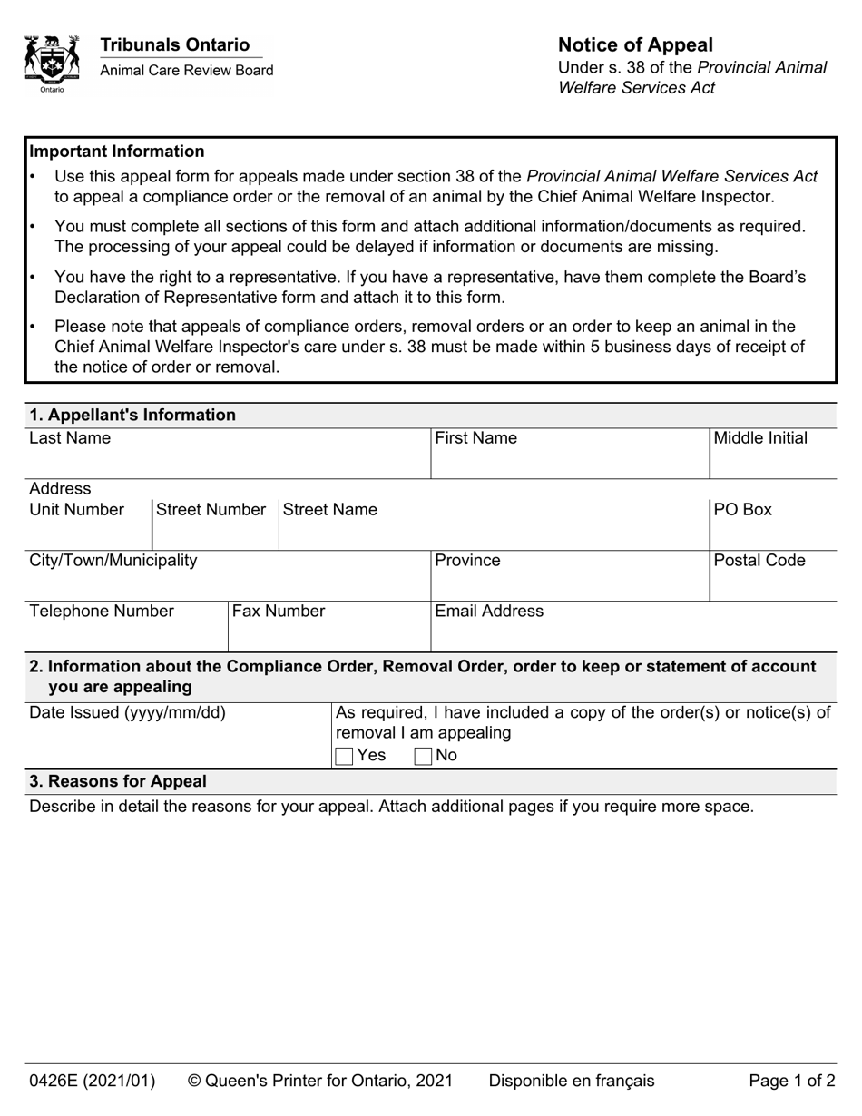 Form 0426E Notice of Appeal - Ontario, Canada, Page 1