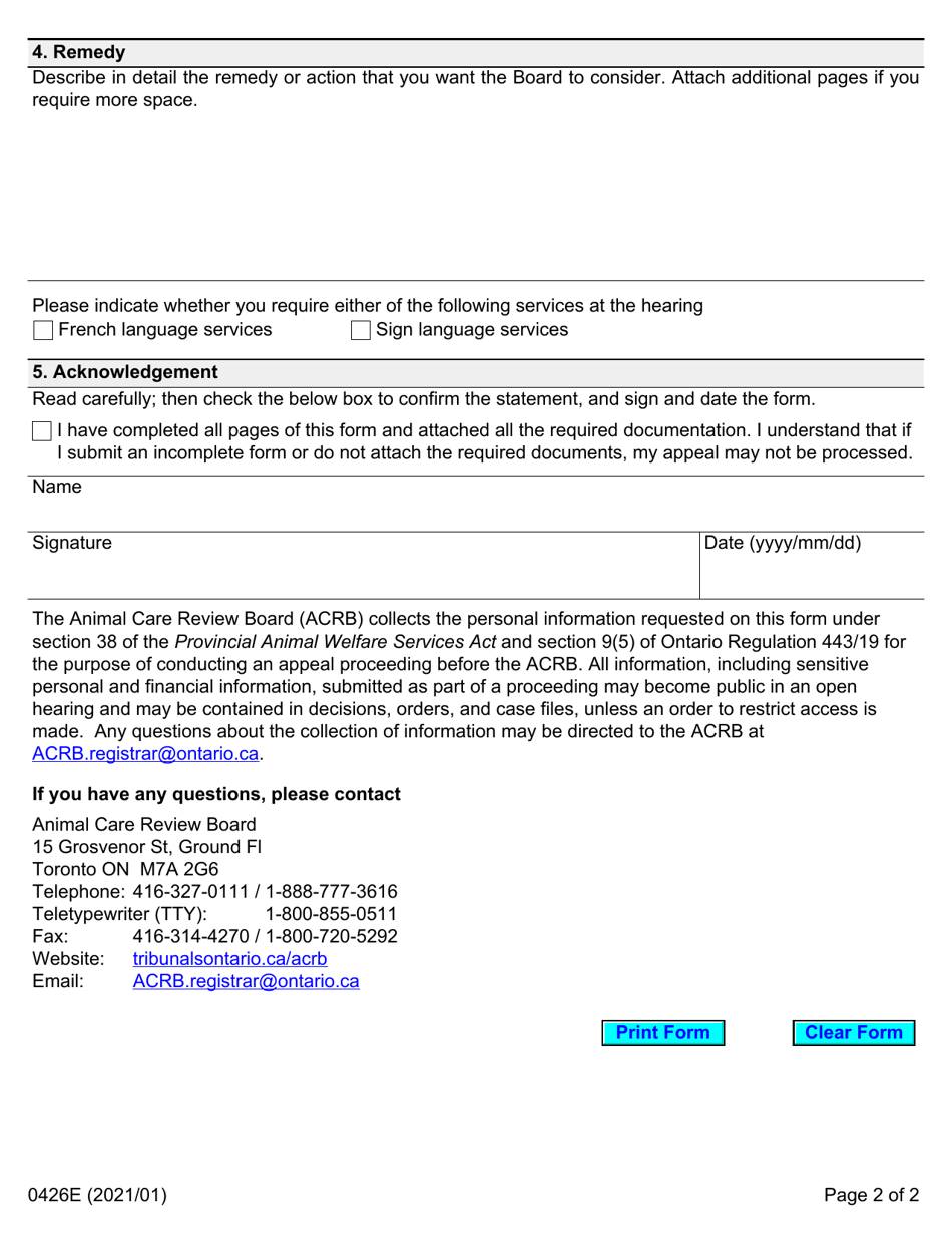 Form 0426E Notice of Appeal - Ontario, Canada, Page 2