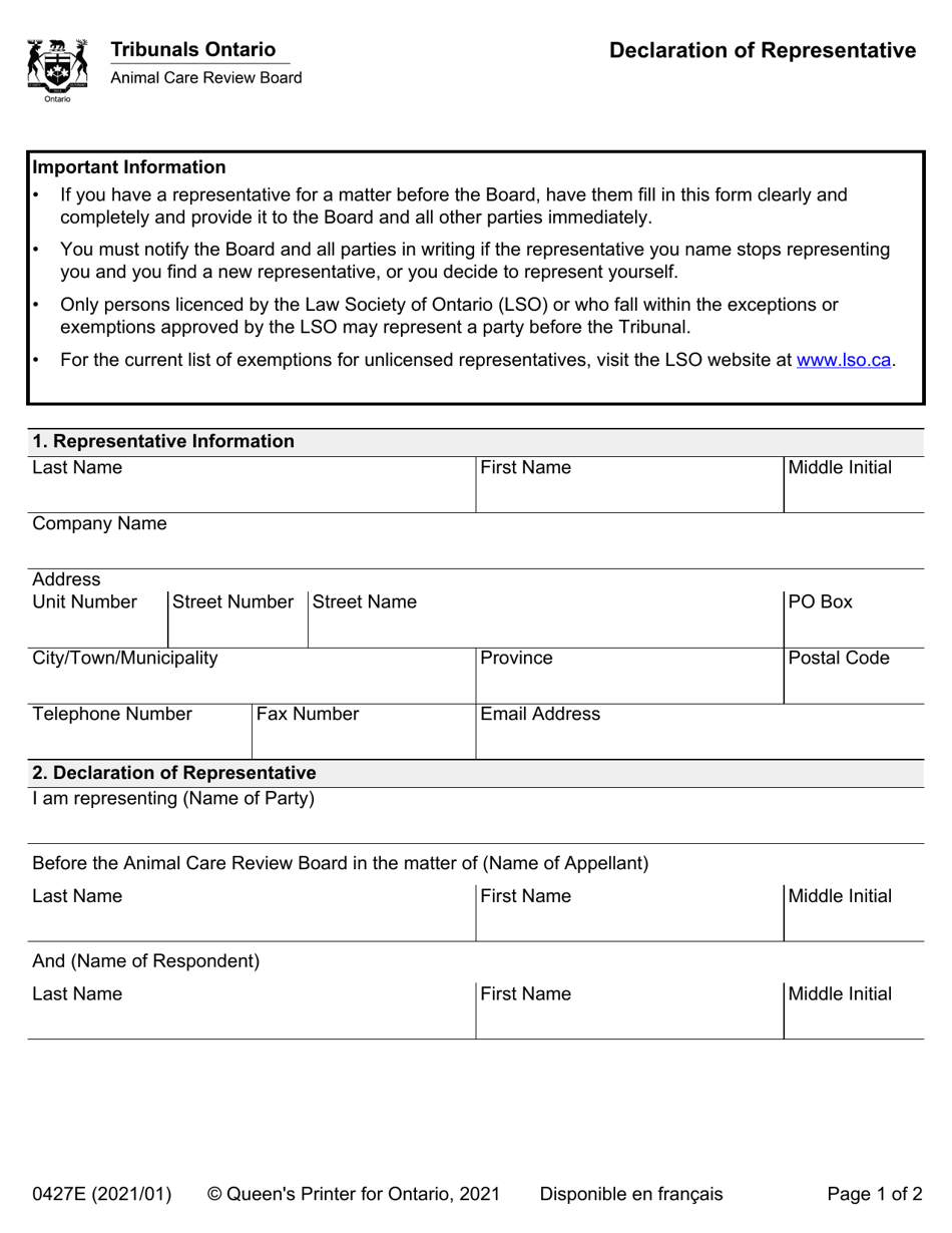 Form 0427E Declaration of Representative - Ontario, Canada, Page 1