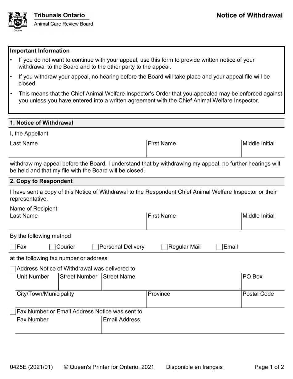 Form 0425E Notice of Withdrawal - Ontario, Canada, Page 1