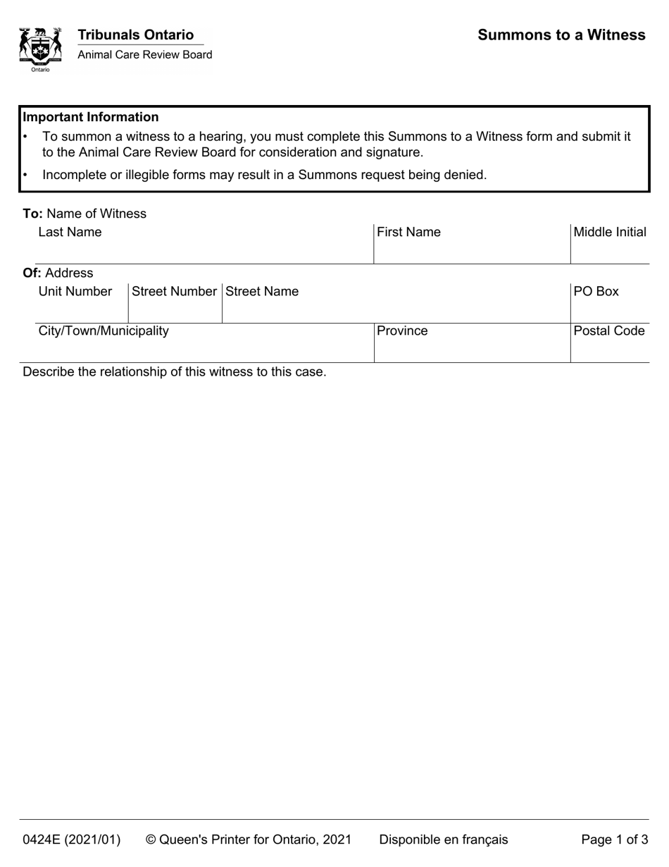 Form 0424E Summons to a Witness - Ontario, Canada, Page 1