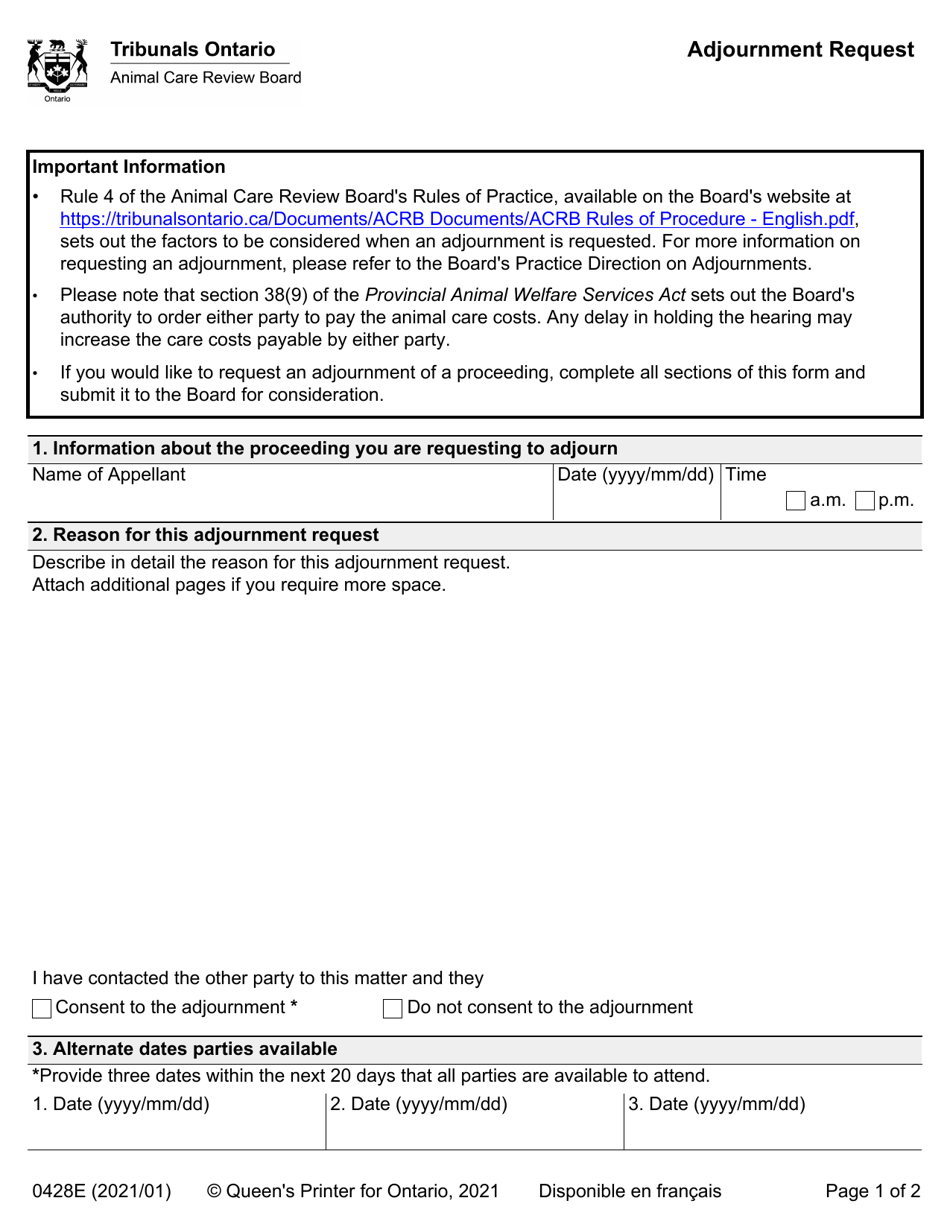 Form 0428E Adjournment Request - Ontario, Canada, Page 1