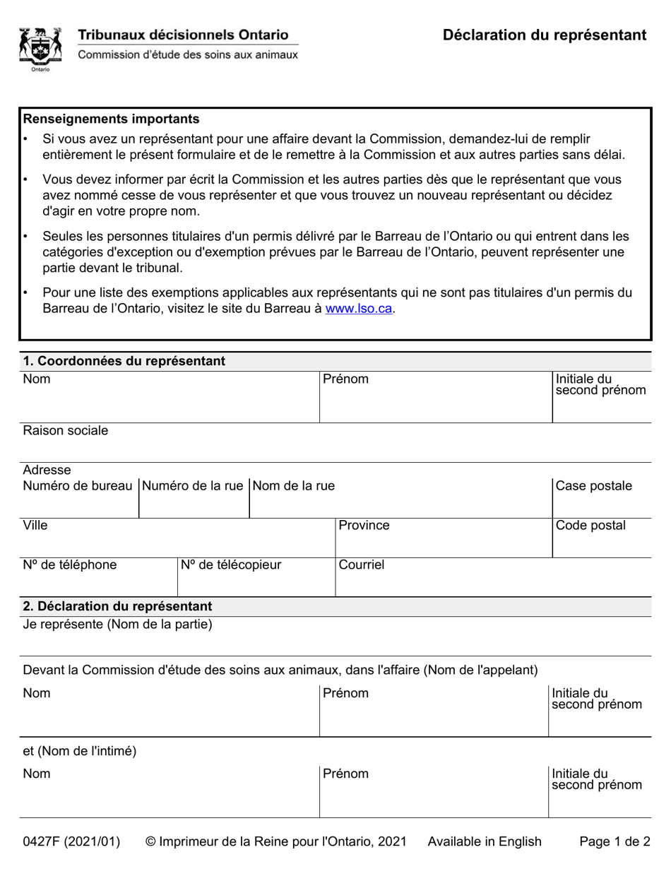 Forme 0427F Declaration Du Representant - Ontario, Canada (French), Page 1