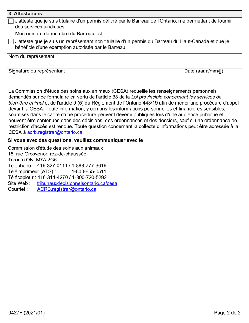 Forme 0427F Declaration Du Representant - Ontario, Canada (French), Page 2